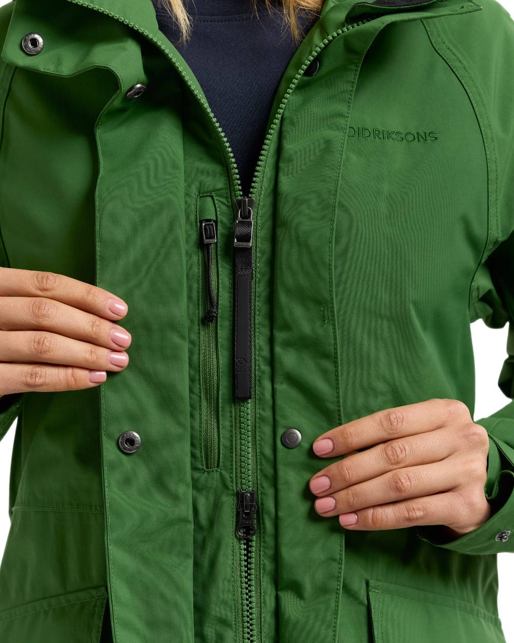 Velvet Green coloured Didriksons Womens Louise Long Parka on white background 