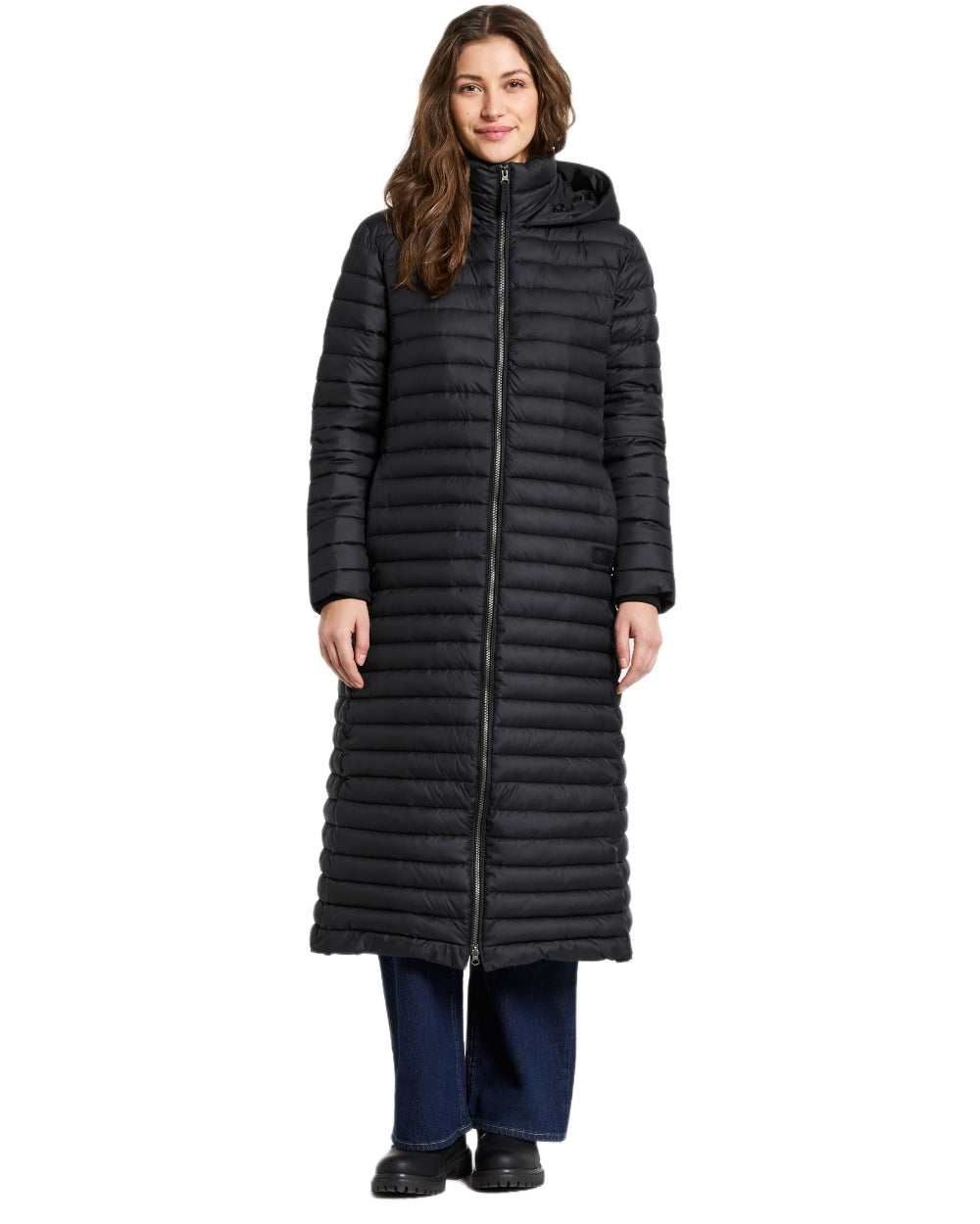 Black coloured Didriksons Womens Lykke Long Parka on white background 