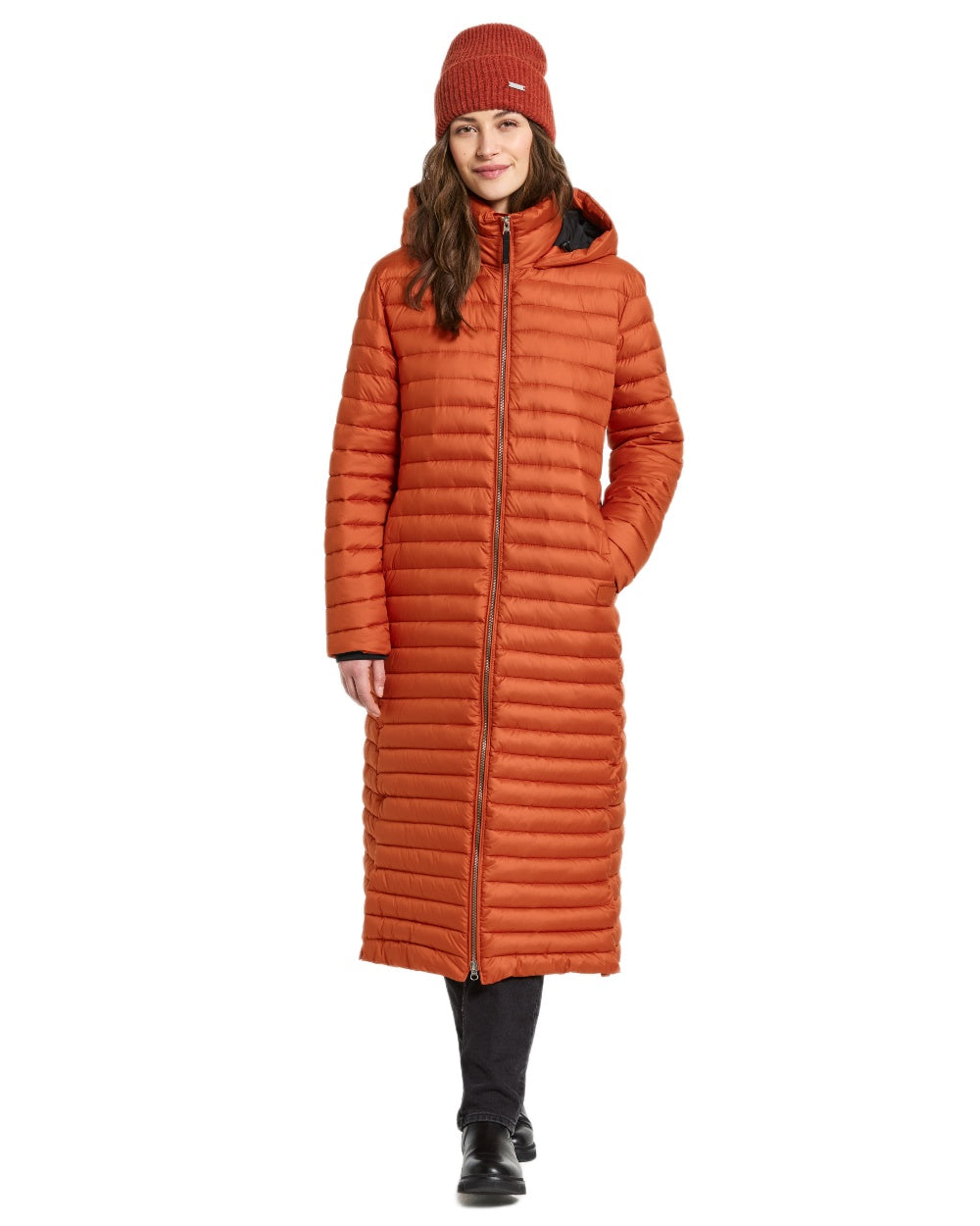 Rust coloured Didriksons Womens Lykke Long Parka on white background 