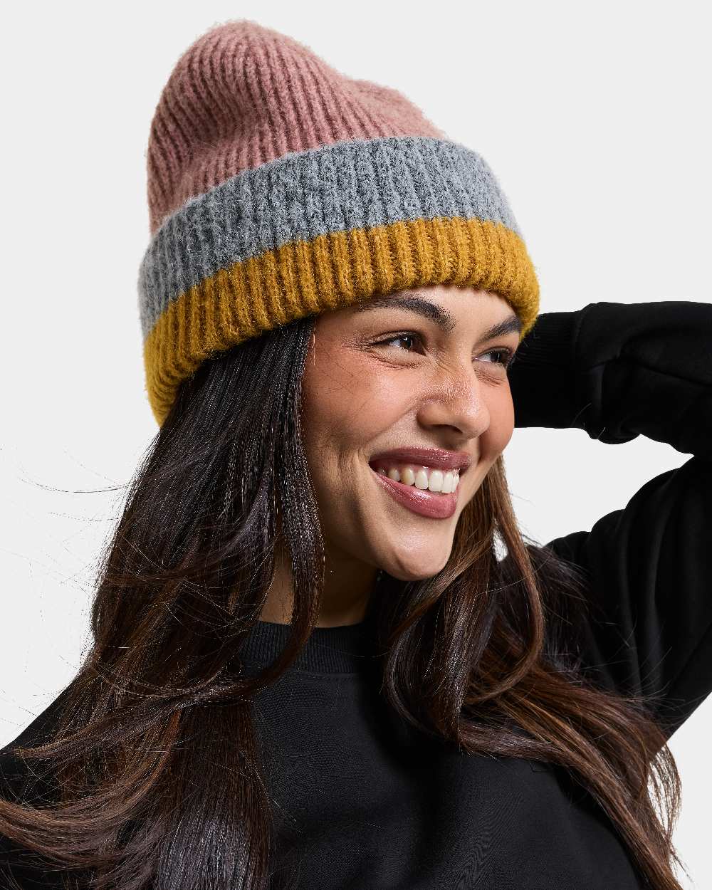 Ash Rose Multicolour coloured Didriksons Womens Malin Striped Beanie on white background 