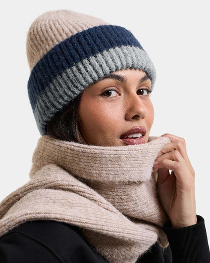 Beige Mel Multicolour coloured Didriksons Womens Malin Striped Beanie on white background 