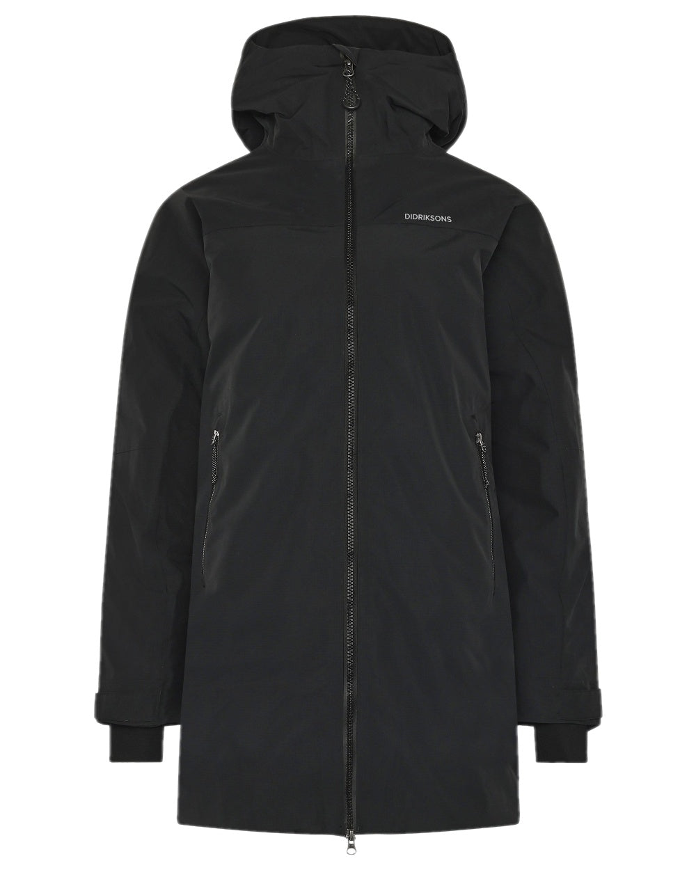 Black Coloured Didriksons Womens Marget Parka on white background 