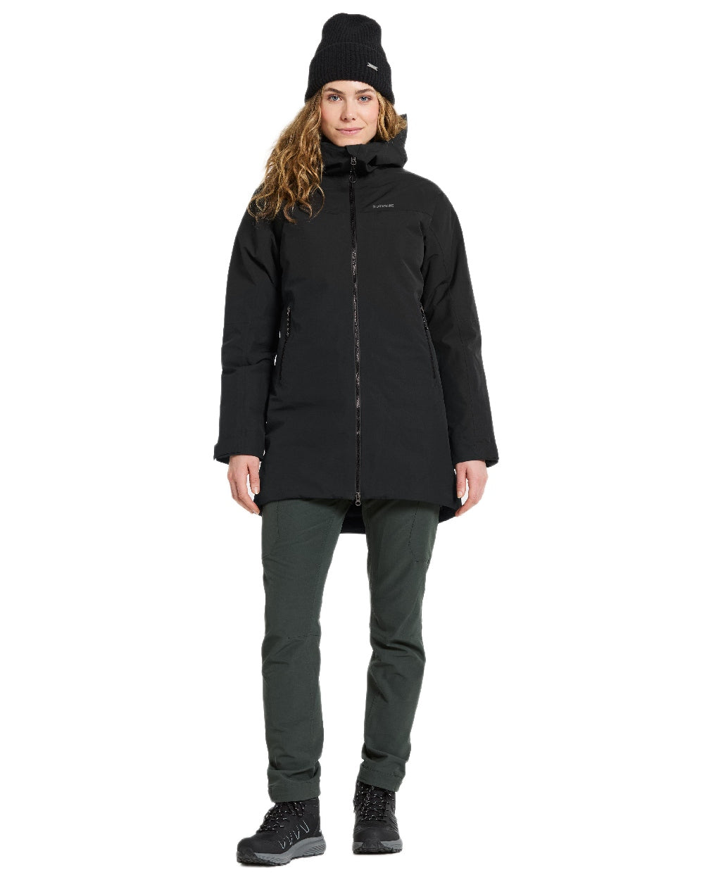 Black Coloured Didriksons Womens Marget Parka on white background 