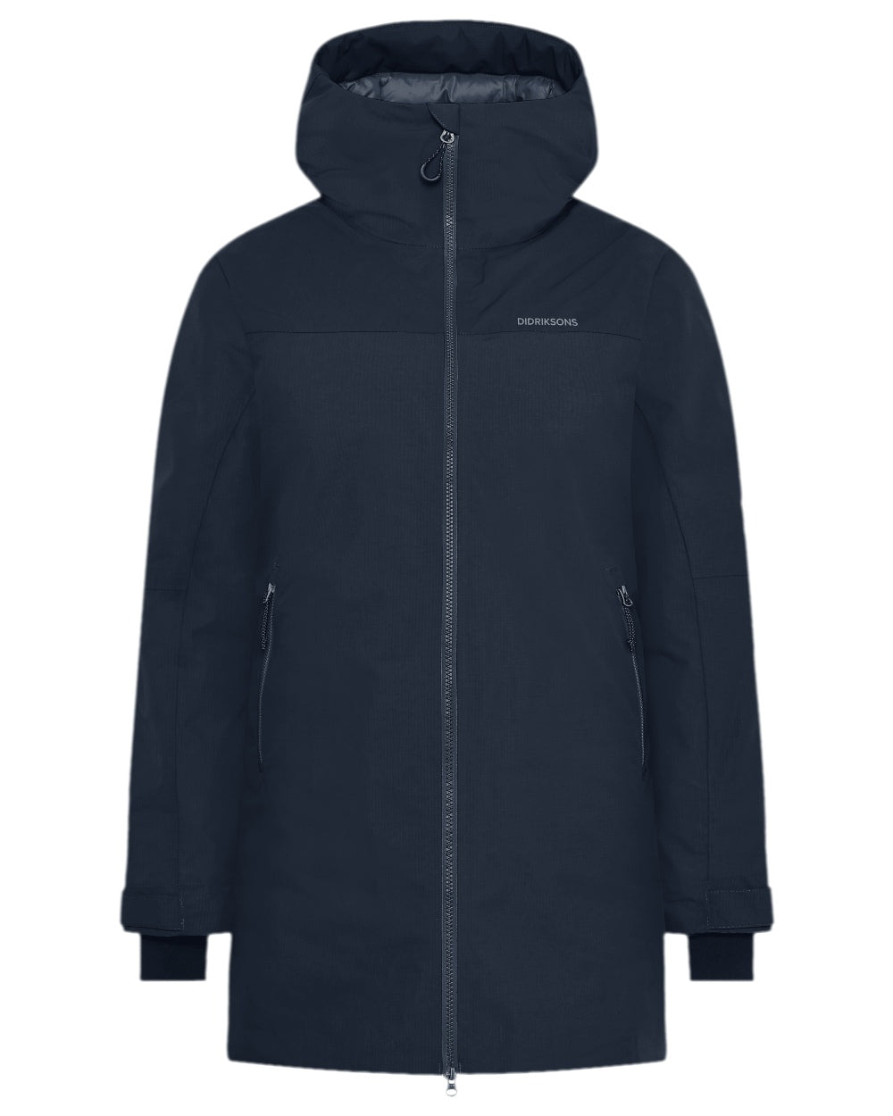 Dark Night Blue Coloured Didriksons Womens Marget Parka on white background 