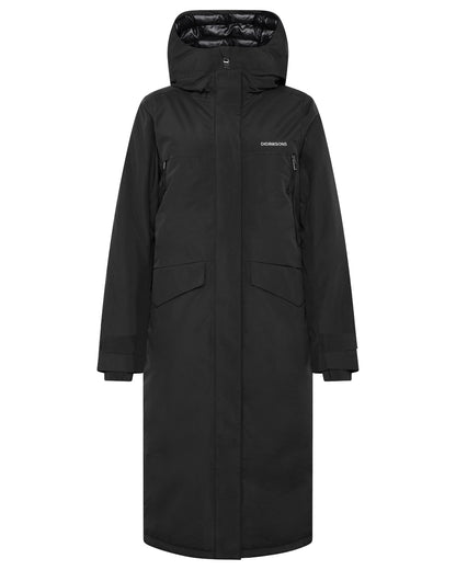 Black coloured Didriksons Womens Neja Long Parka on white background 