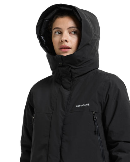 Black coloured Didriksons Womens Neja Long Parka on white background 