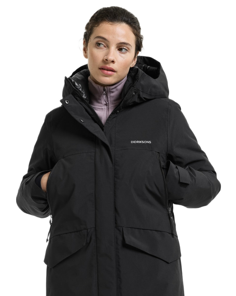 Black coloured Didriksons Womens Neja Long Parka on white background 