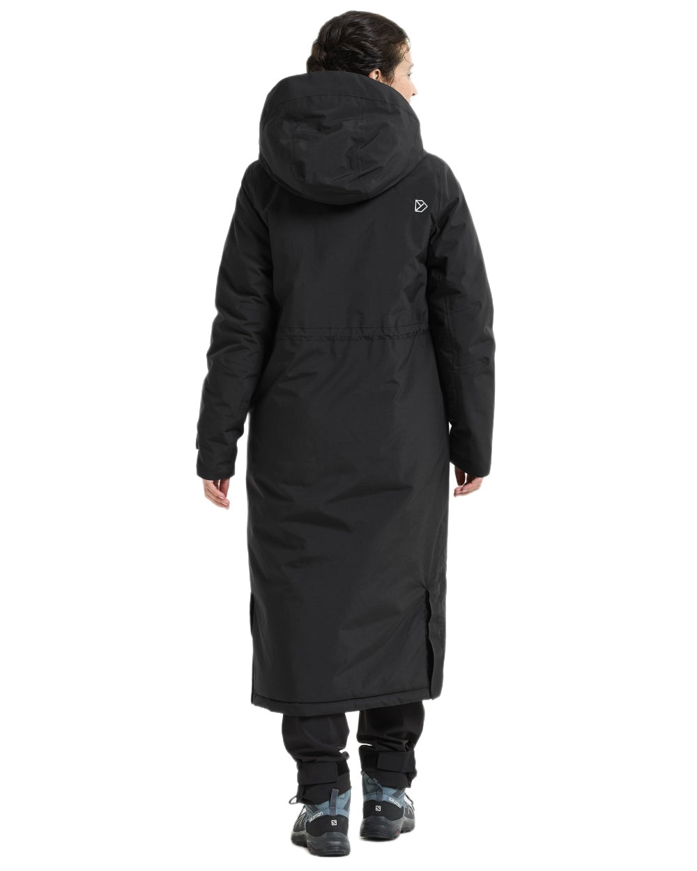 Black coloured Didriksons Womens Neja Long Parka on white background 