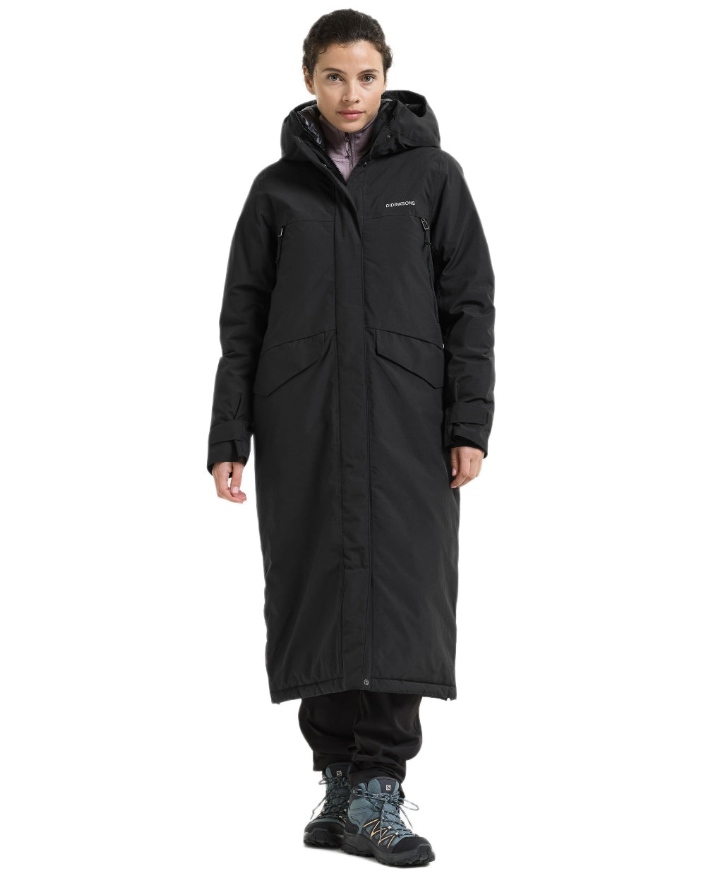 Black coloured Didriksons Womens Neja Long Parka on white background 