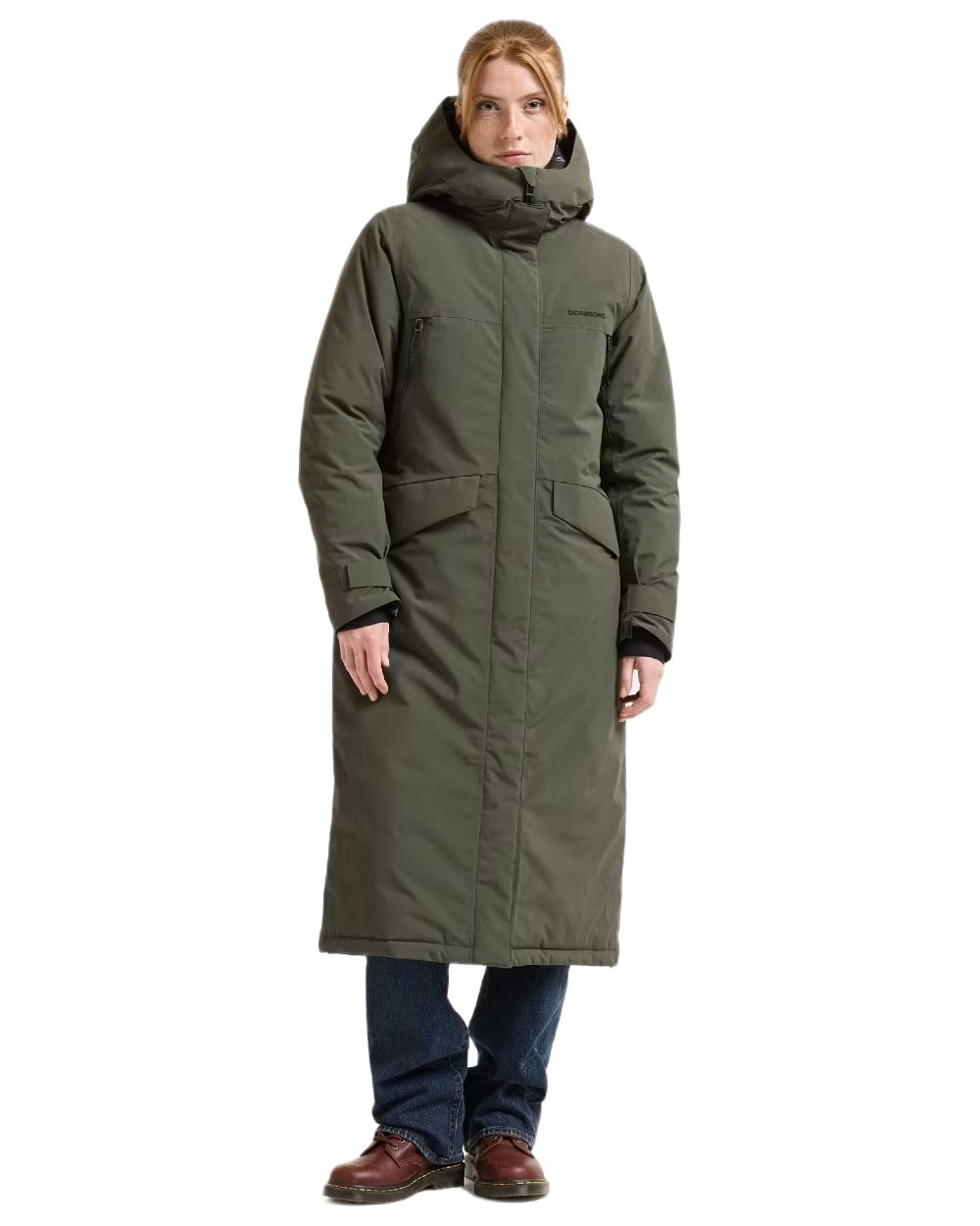 Deep Green coloured Didriksons Womens Neja Long Parka on white background 