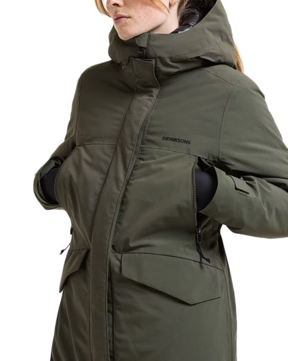 Deep Green coloured Didriksons Womens Neja Long Parka on white background 