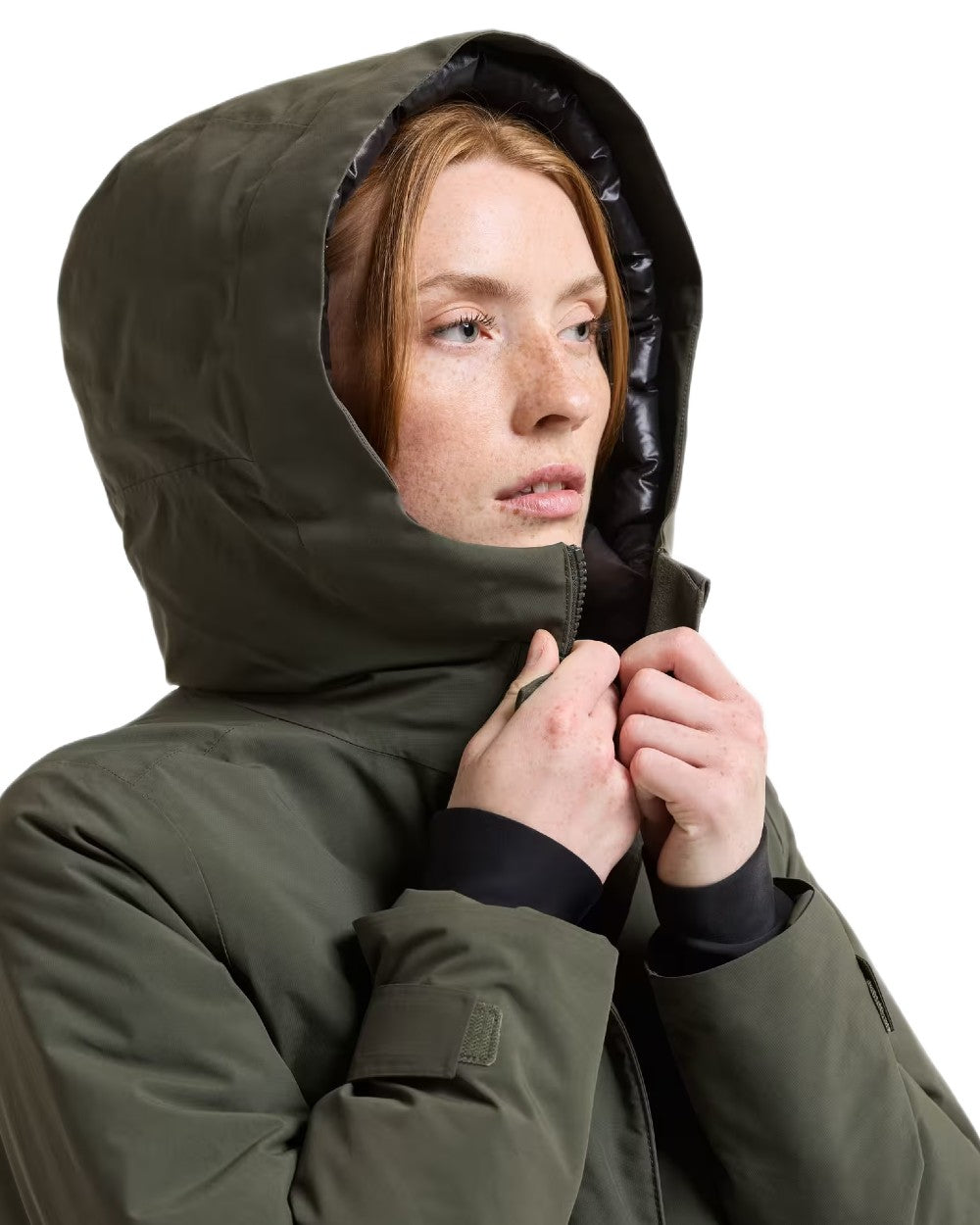 Deep Green coloured Didriksons Womens Neja Long Parka on white background 