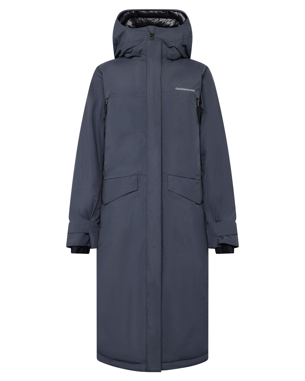 Sleepy Blue coloured Didriksons Womens Neja Long Parka on white background 