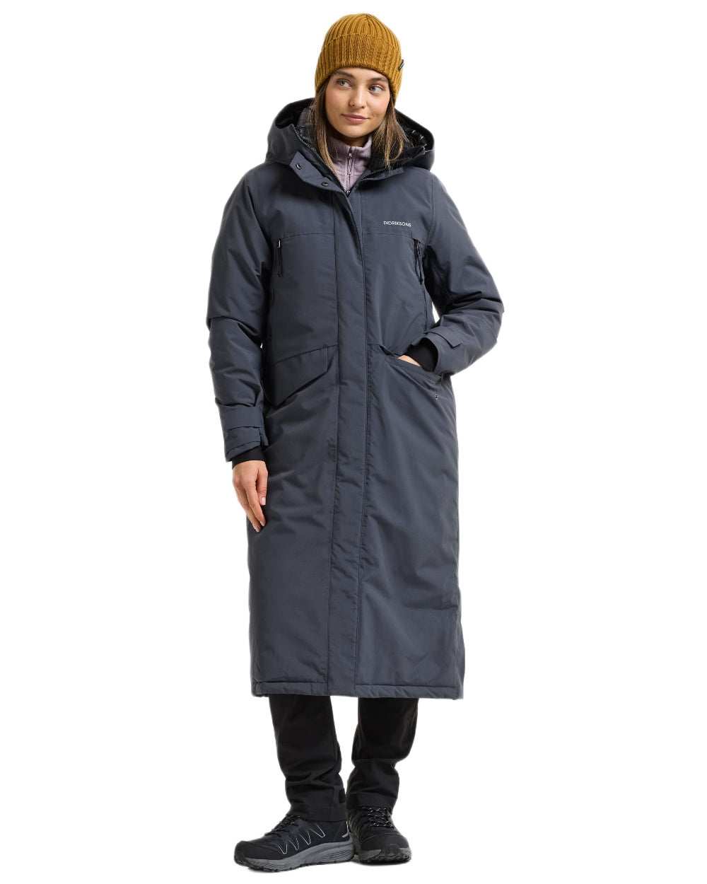 Sleepy Blue coloured Didriksons Womens Neja Long Parka on white background 