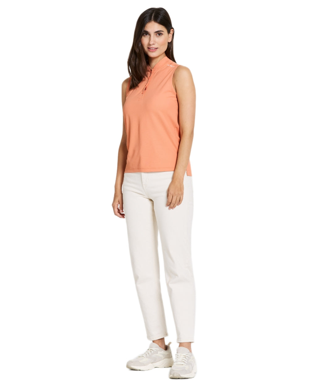 Clay Pink coloured Didriksons Womens Nikki Sleeveless Polo T-Shirt on white background 