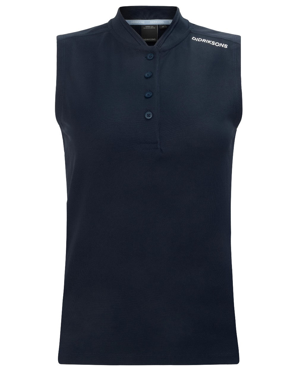 Dark Night Blue coloured Didriksons Womens Nikki Sleeveless Polo T-Shirt on white background 