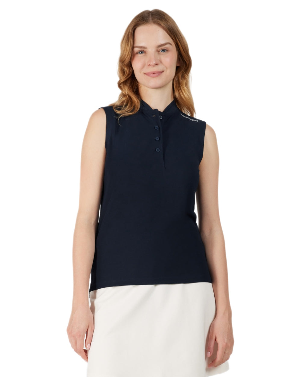 Dark Night Blue coloured Didriksons Womens Nikki Sleeveless Polo T-Shirt on white background 
