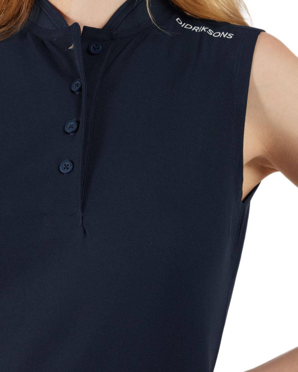 Dark Night Blue coloured Didriksons Womens Nikki Sleeveless Polo T-Shirt on white background 