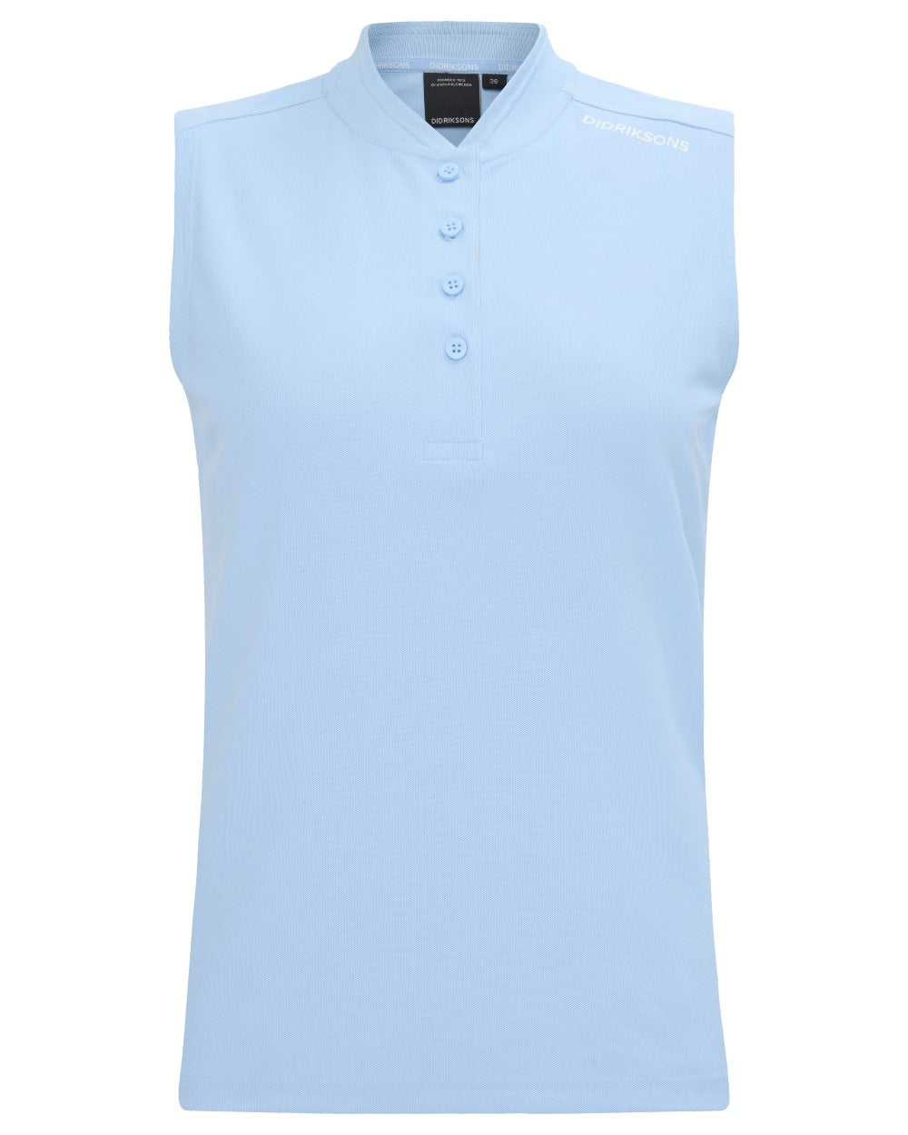 Sea Blue coloured Didriksons Womens Nikki Sleeveless Polo T-Shirt on white background 