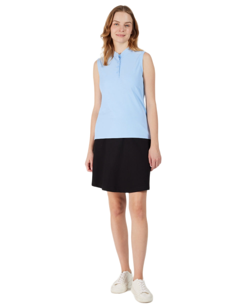 Sea Blue coloured Didriksons Womens Nikki Sleeveless Polo T-Shirt on white background 