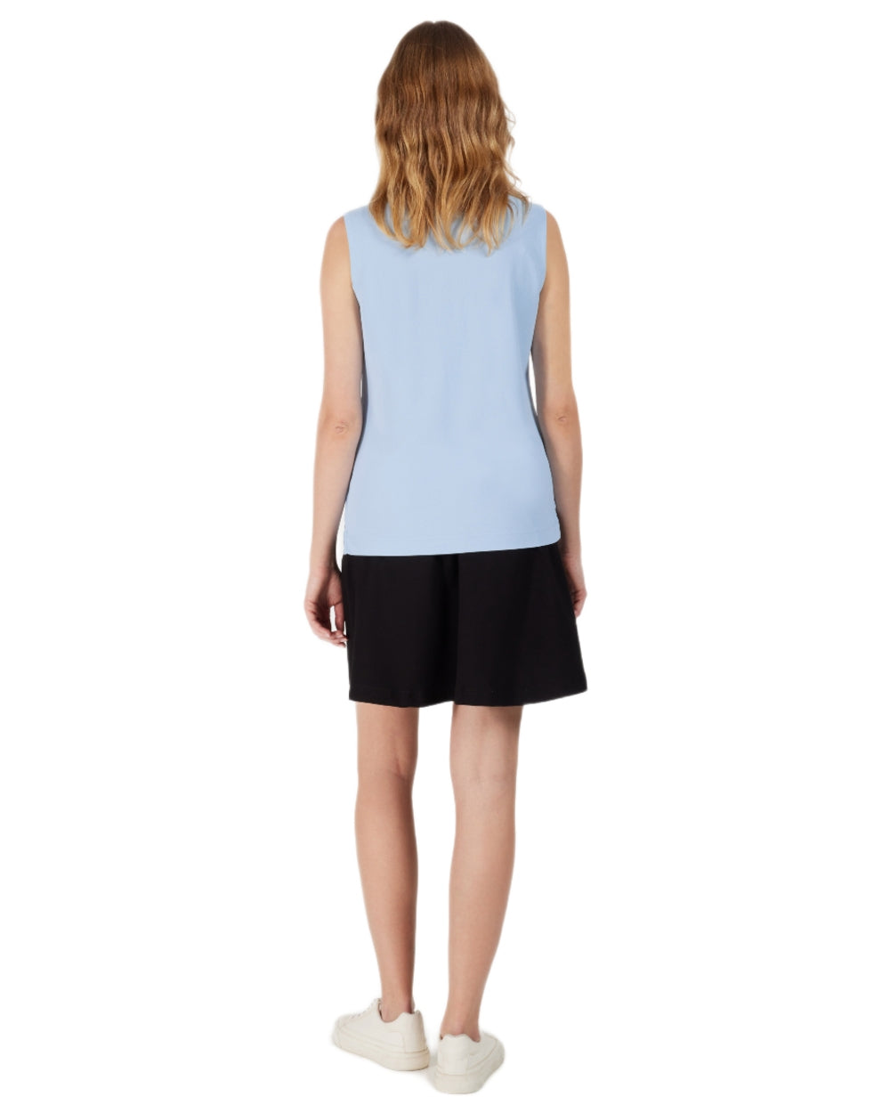 Sea Blue coloured Didriksons Womens Nikki Sleeveless Polo T-Shirt on white background 
