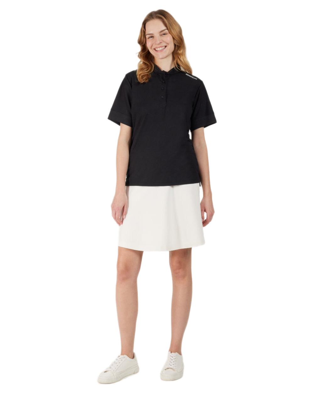 Black coloured Didriksons Womens Patty Polo T-Shirt on white background 