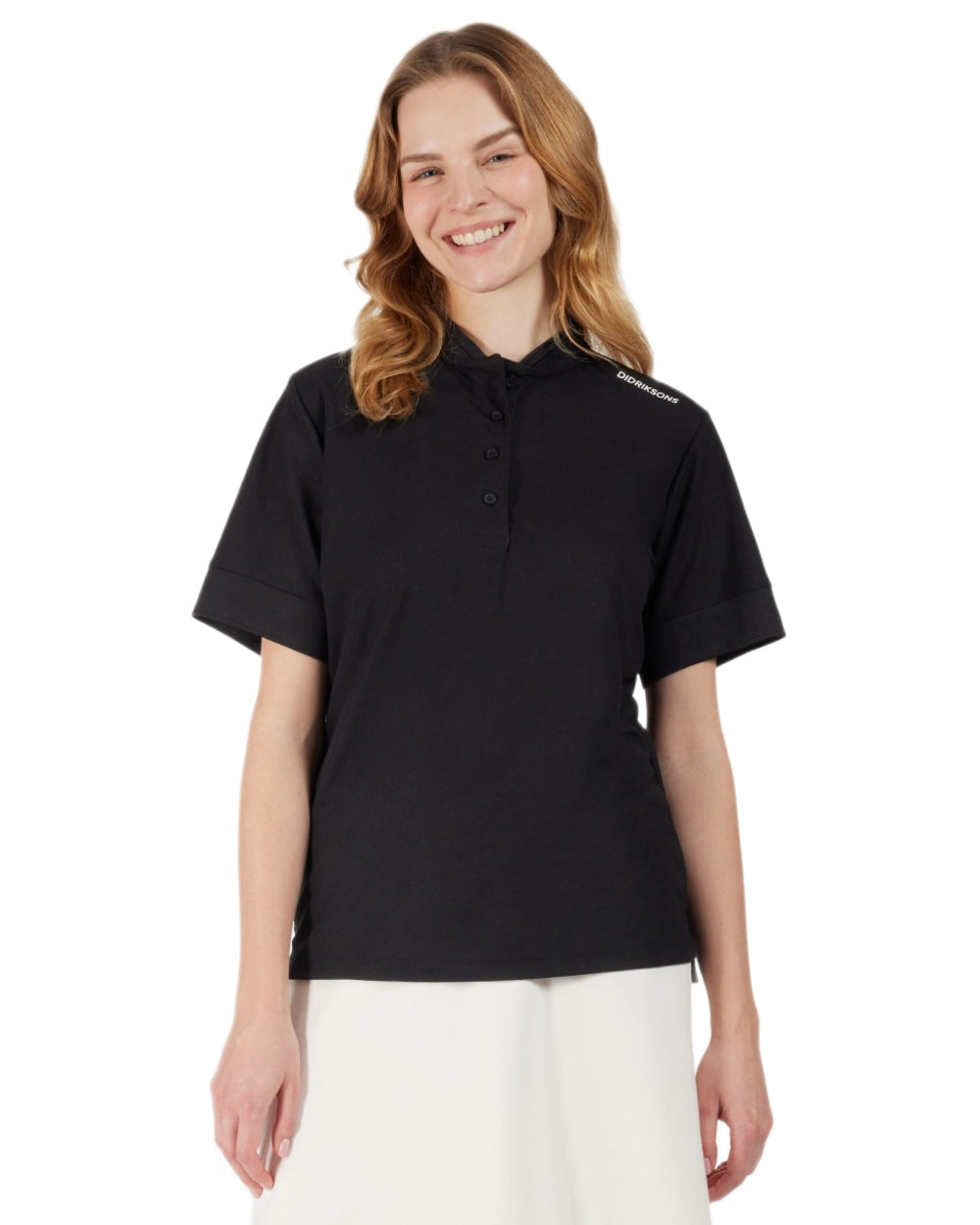 Black coloured Didriksons Womens Patty Polo T-Shirt on white background 