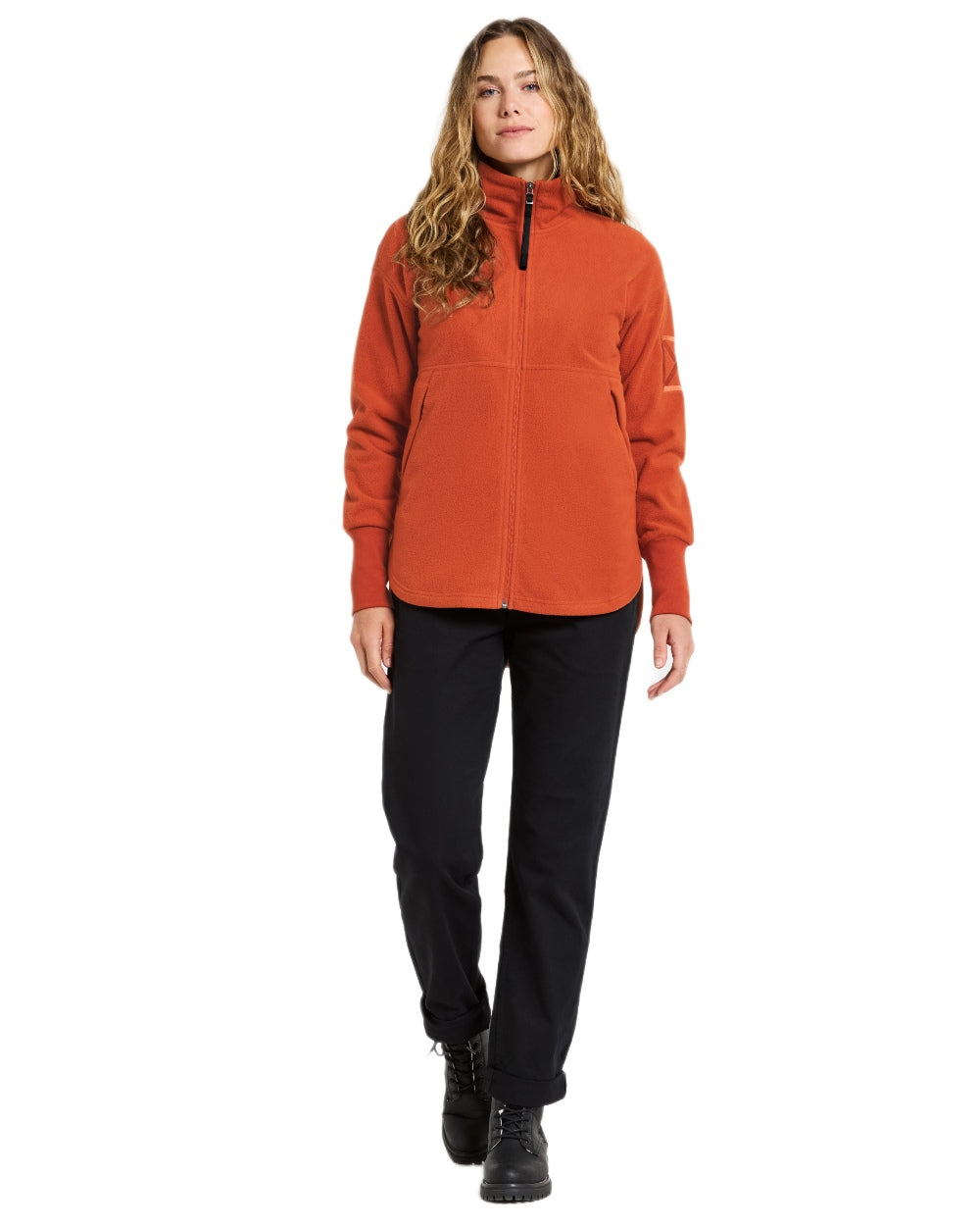 Rust coloured Didriksons Womens Ronja Full Zip Sweater on white background 