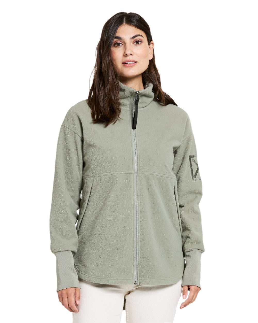 Wilted Leaf coloured Didriksons Womens Ronja Full Zip Sweater on white background 