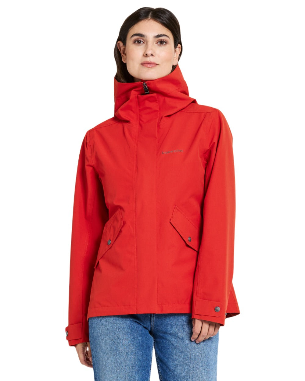Pomme Red coloured Didriksons Womens Silja Jacket on white background 