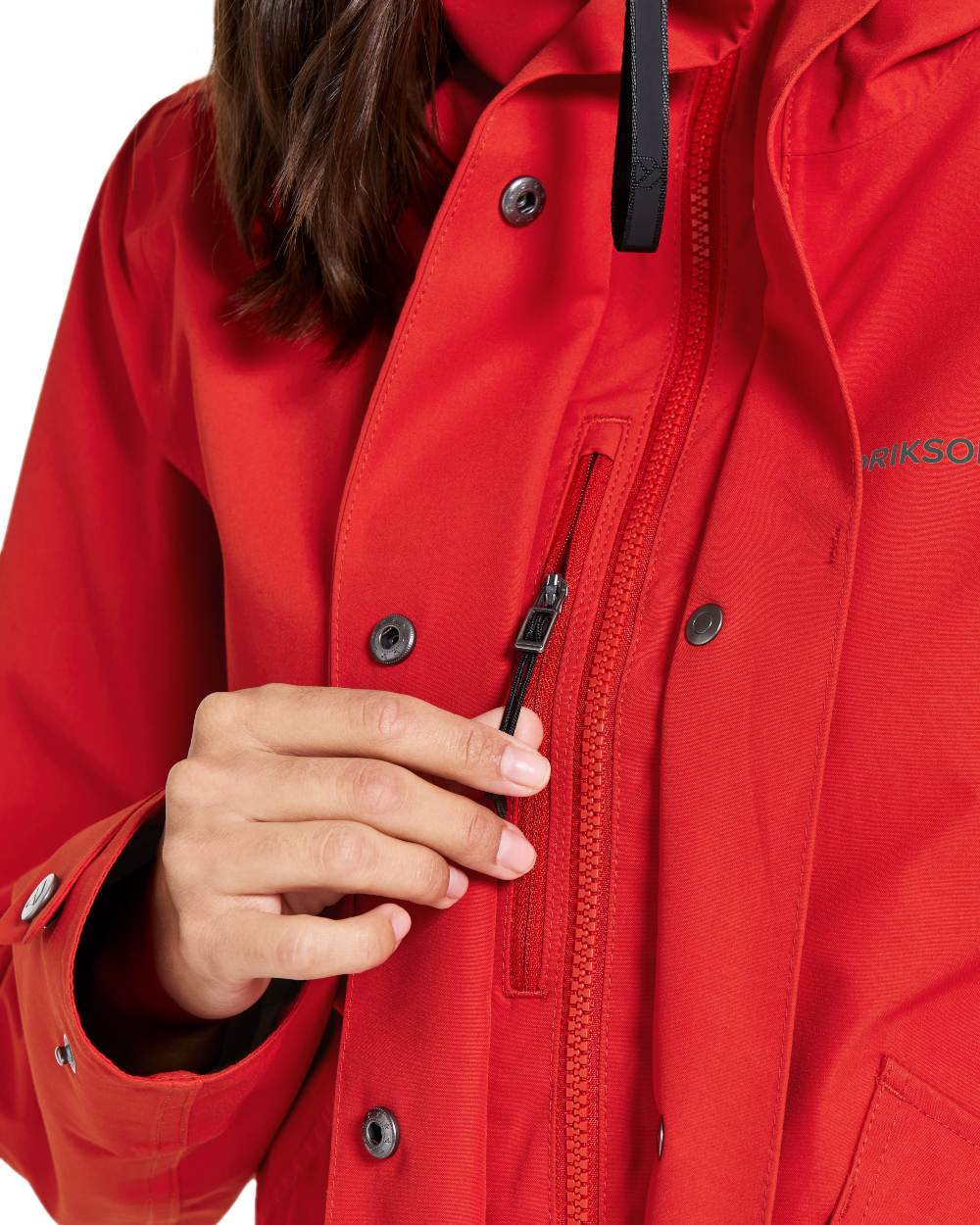 Pomme Red coloured Didriksons Womens Silja Jacket on white background 
