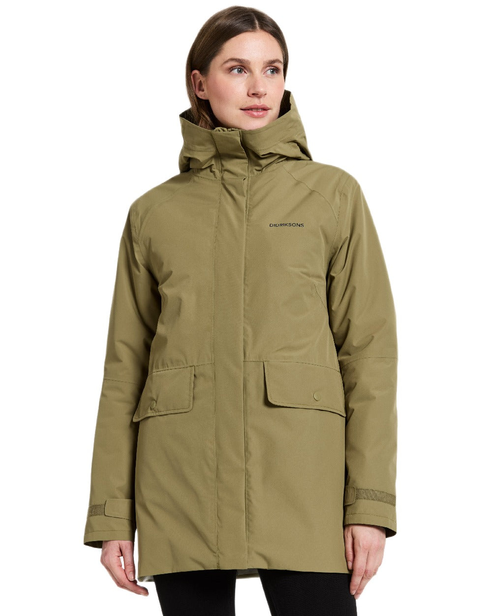 Olive Green Coloured Didriksons Womens Tuva Parka on white background 
