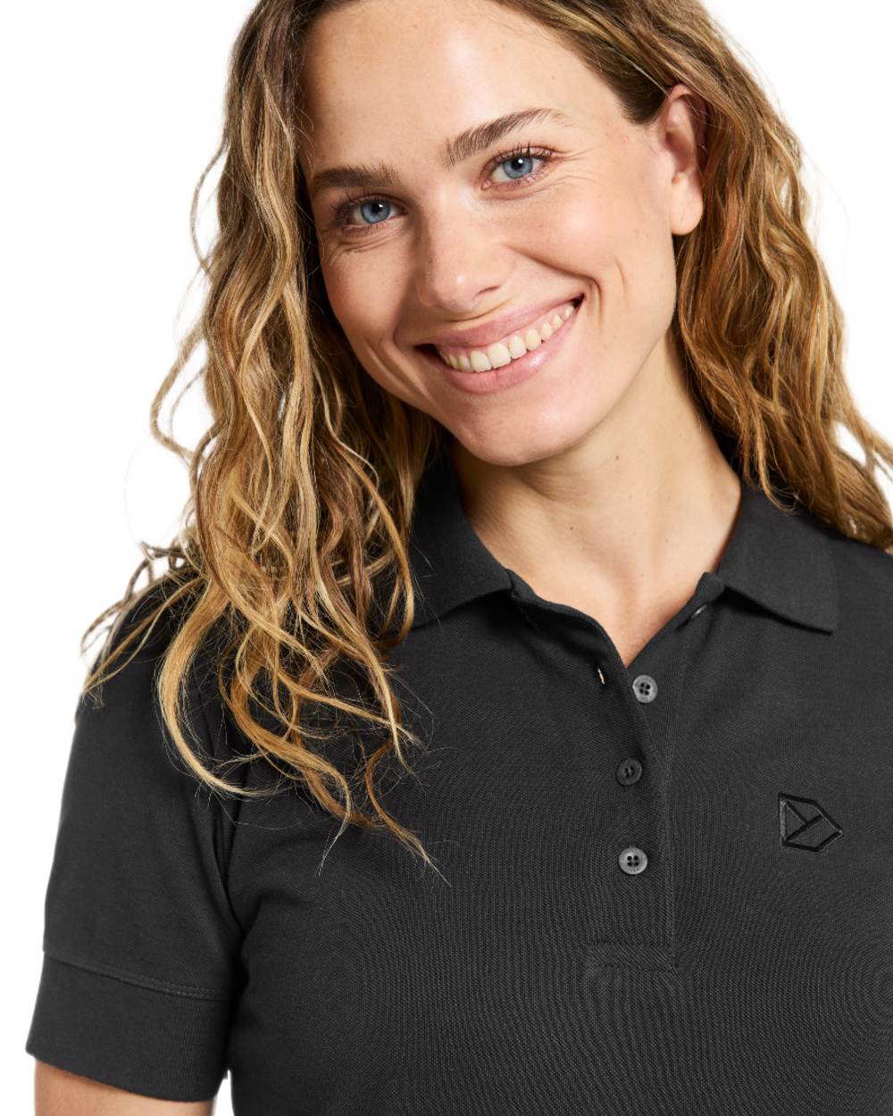 Black coloured Didriksons Womens Wivi Polo T-Shirt on white background 