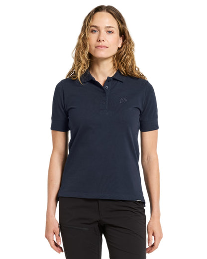 Dark Night Blue coloured Didriksons Womens Wivi Polo T-Shirt on white background 