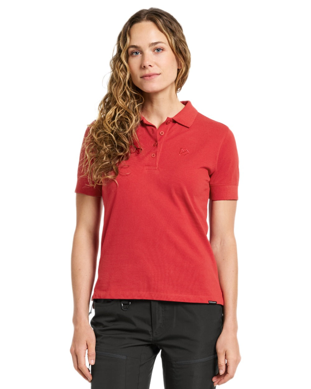 Pomme Red coloured Didriksons Womens Wivi Polo T-Shirt on white background 