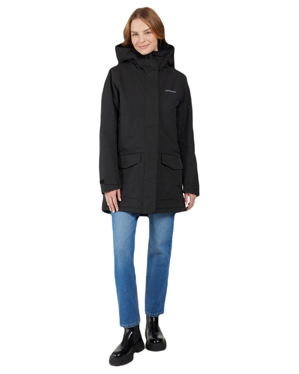 Black coloured Didriksons Frida Womens Parka 7 on white background 