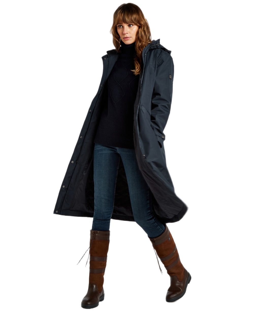 Navy Coloured Dubarry Alderford Waterproof Coat on white background 
