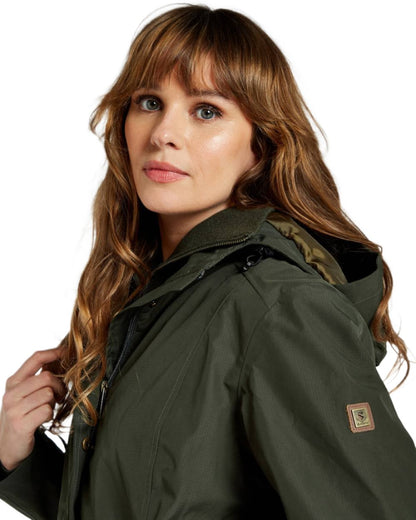 Pesto Coloured Dubarry Alderford Waterproof Coat on white background 