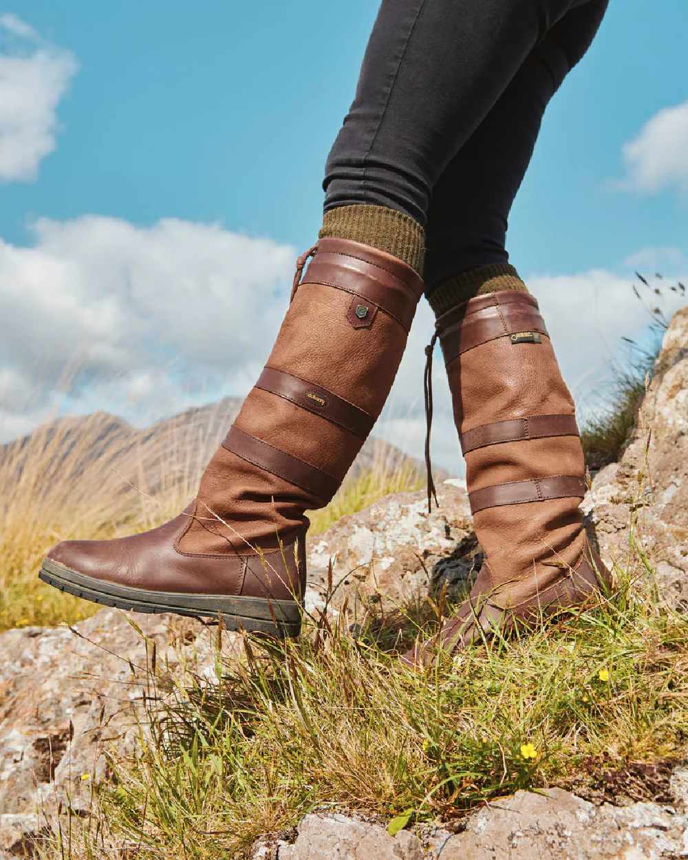 Olive Coloured Dubarry Alpaca Socks on mountain background 