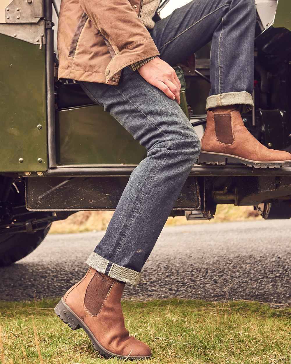 Walnut coloured Dubarry Antrim Country Boots on jeep background 