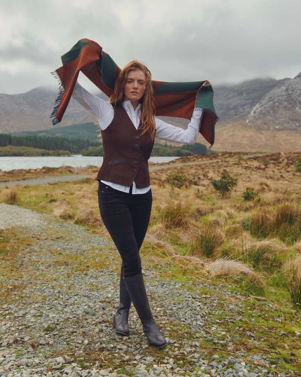 Ivy Coloured Dubarry Birchdale Wool Stole on mountain background 