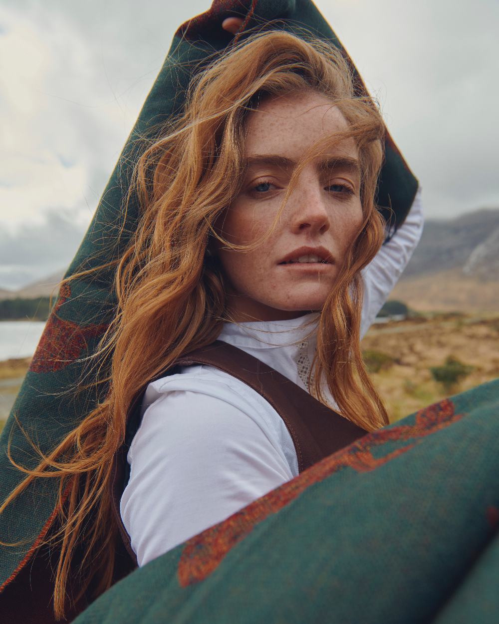 Ivy Coloured Dubarry Birchdale Wool Stole on mountain background 