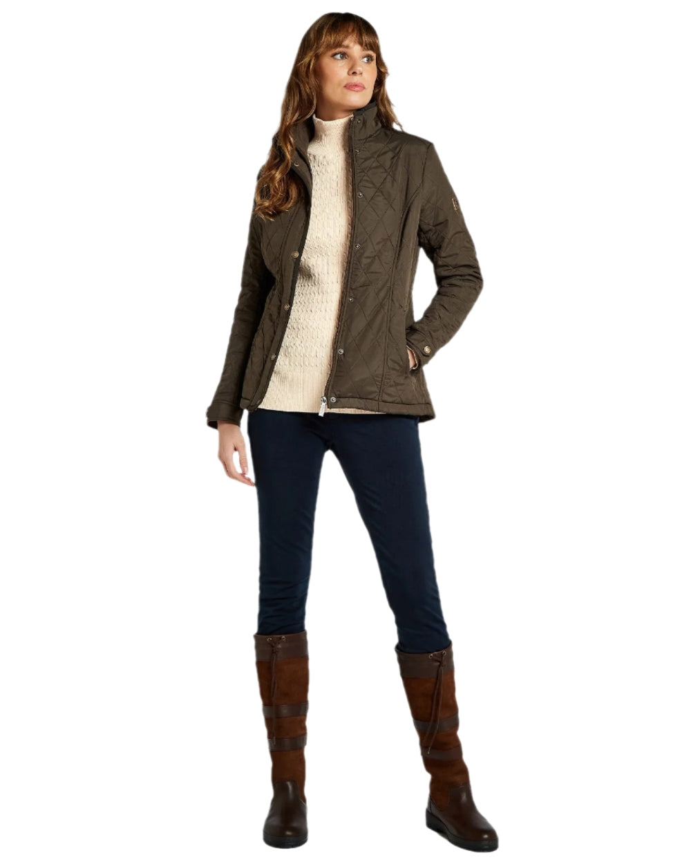 Olive Coloured Dubarry Camlodge Quilted Jacket on white background 