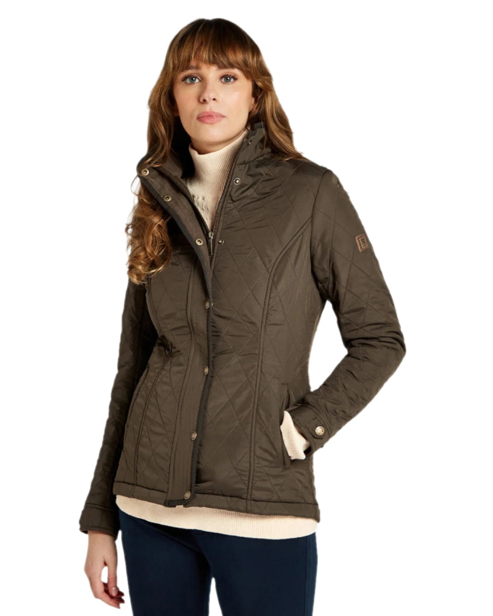 Olive Coloured Dubarry Camlodge Quilted Jacket on white background 
