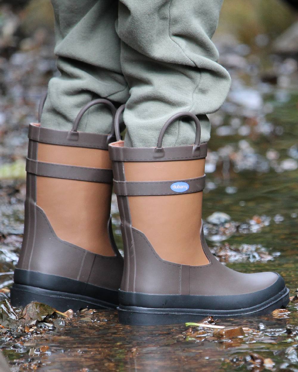 Walnut Coloured Dubarry Childrens Splash Waterproof Boots on outdoor background 