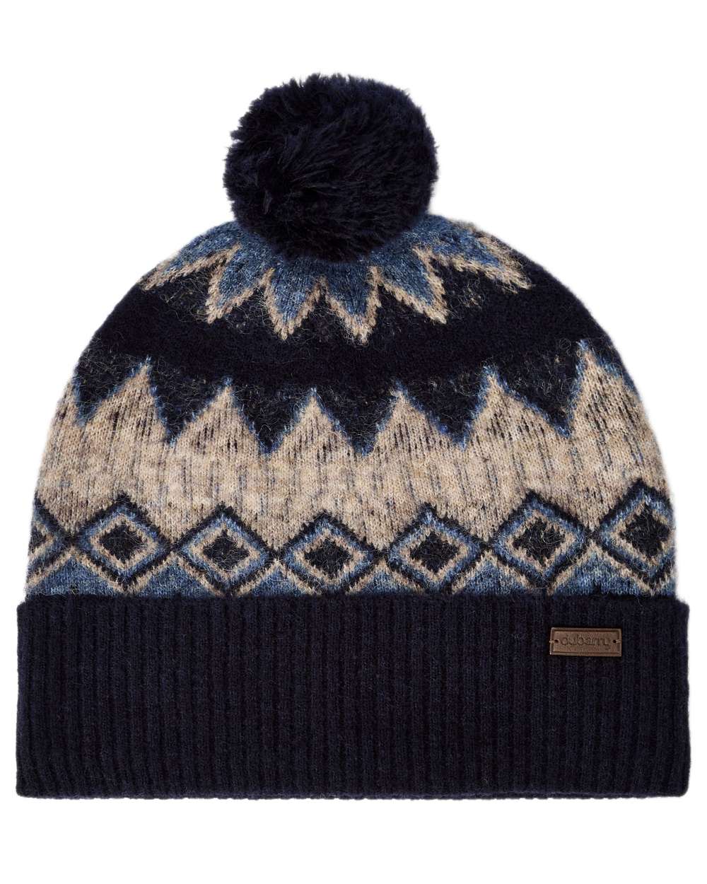 Navy Multi coloured Dubarry Coolroe Knitted Bobble Hat on white background 