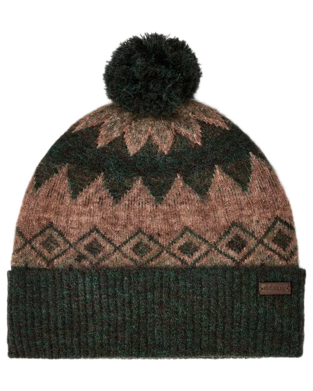 Olive Multi coloured Dubarry Coolroe Knitted Bobble Hat on white background 