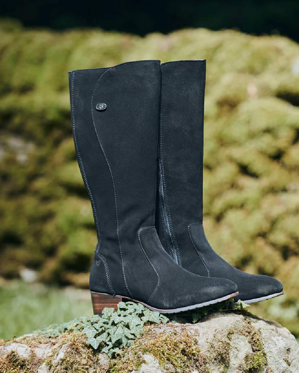 Black Suede coloured Dubarry Downpatrick Knee High Boots on rock background 