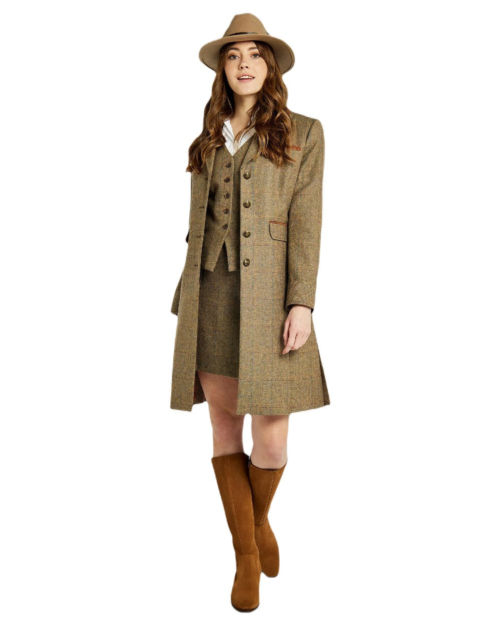 Camel coloured Dubarry Downpatrick Knee High Boots on white background 