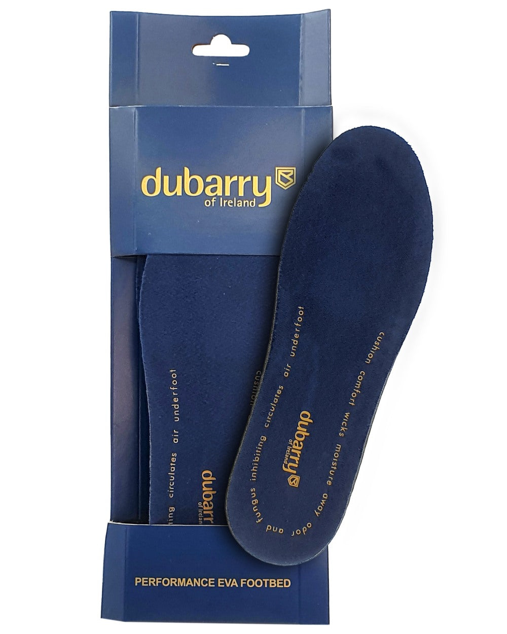 Navy coloured Dubarry Footbed on white background 